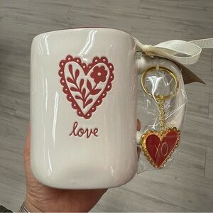 Rae Dunn Love Floral Heart 21 Oz Ceramic Coffee Tea Mug And Keychain Set